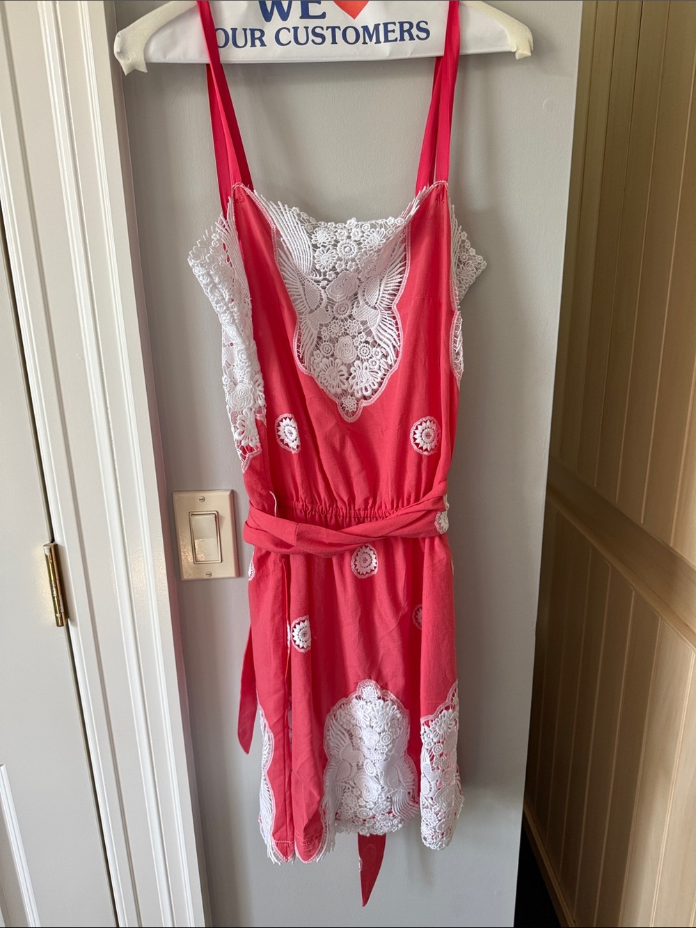 Miguelina Coral Pink Mini Dress with White Crochet Lace